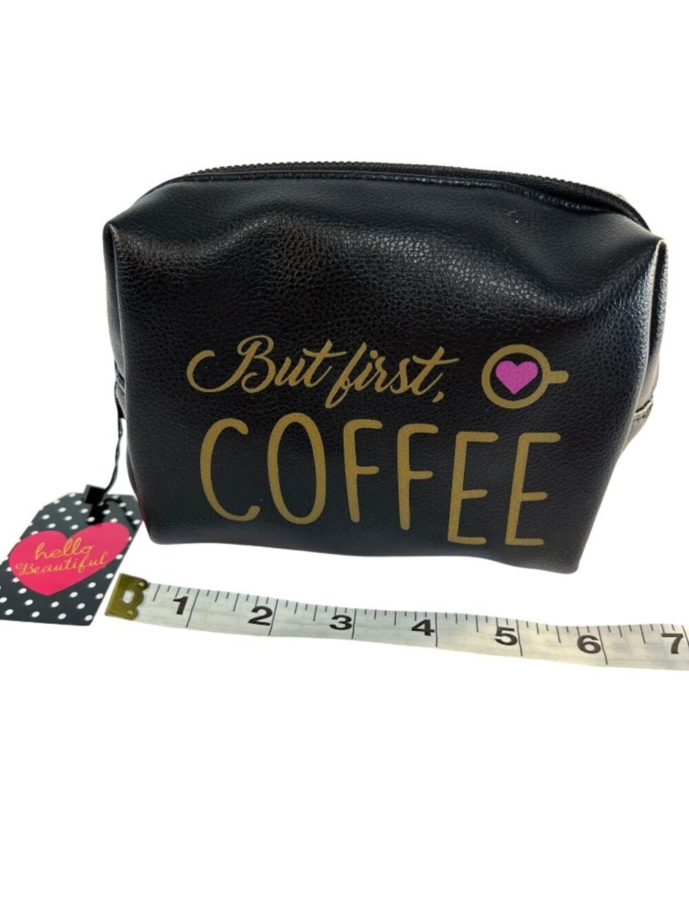 Once Upon a Rose Womens Cosmetic Bag Printed But First Coffee Black Gold Pink 6x